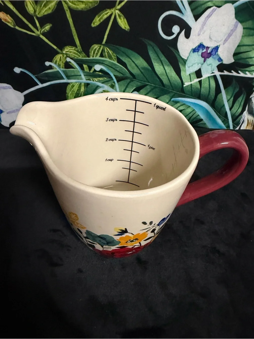 The Pioneer Woman Cream Floral Ceramic measuring cup with Red Handle